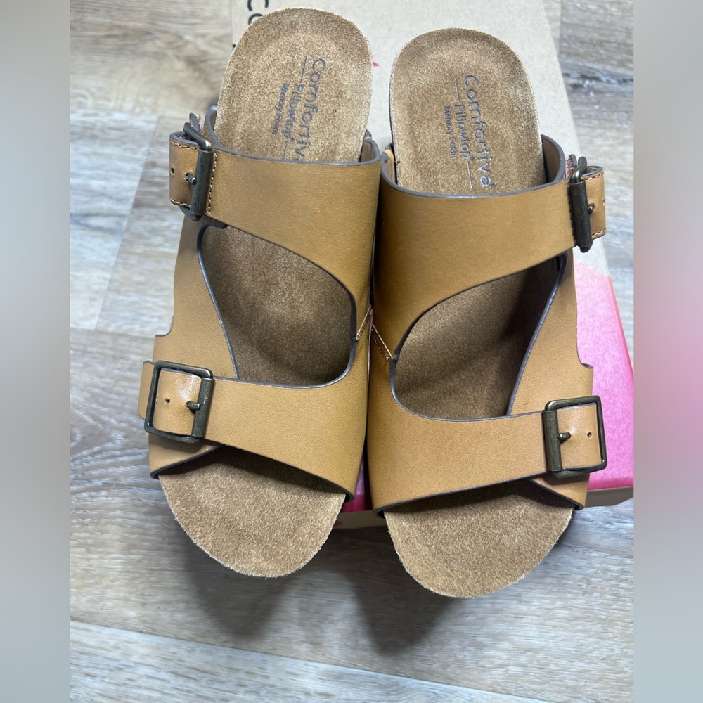 Comfortiva Women's Cognac Double-Buckle Slide Sandals
